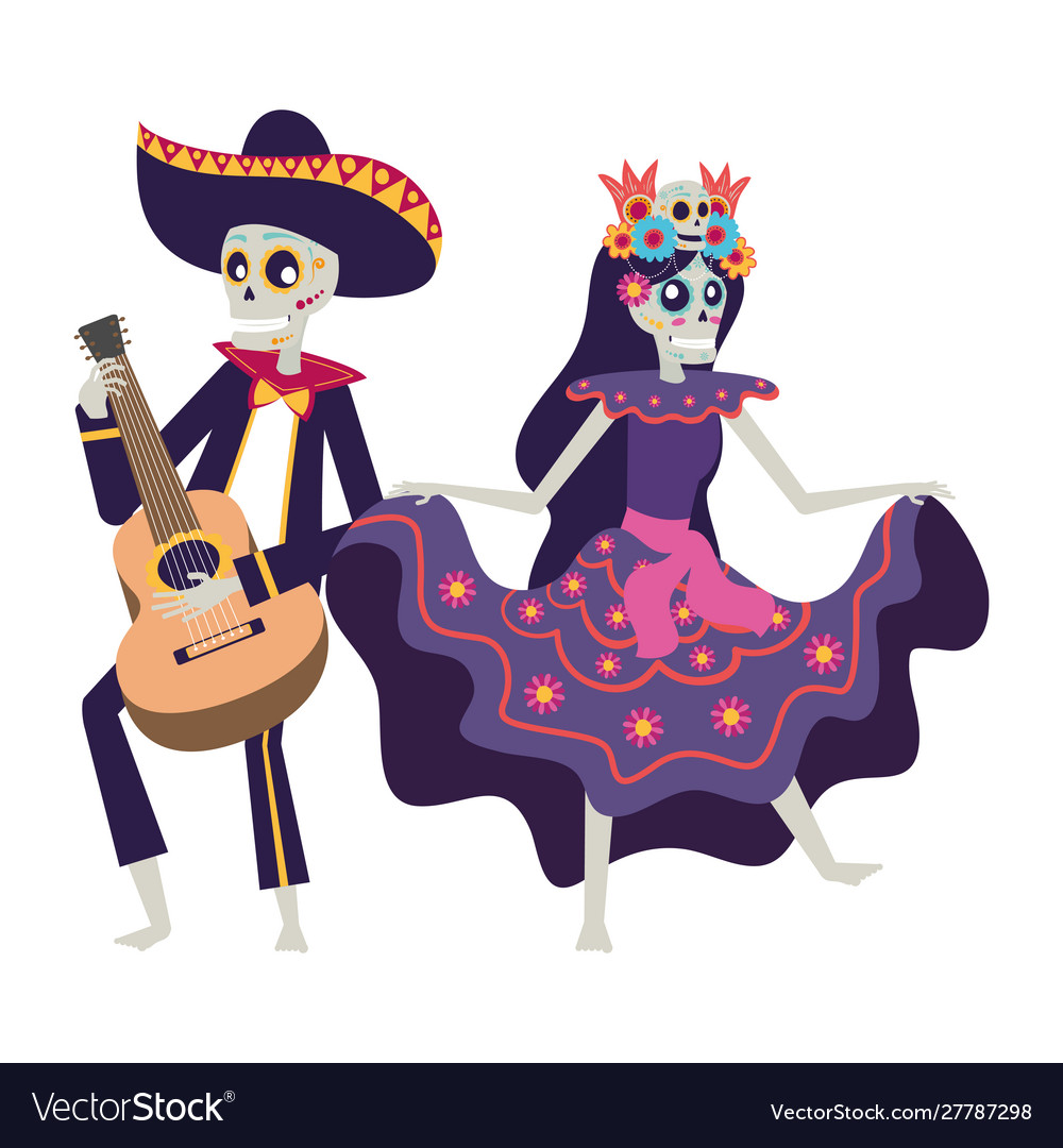 Catrina And Mariachi Skulls Dancing Playing Vector Image