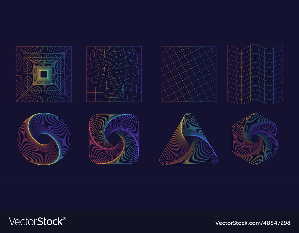 Set of abstract shapes and grids in rainbow color