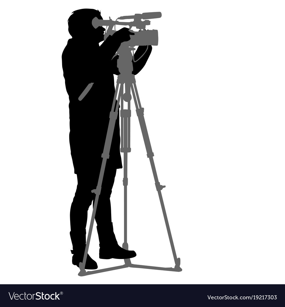 Cameraman with video camera silhouettes on white