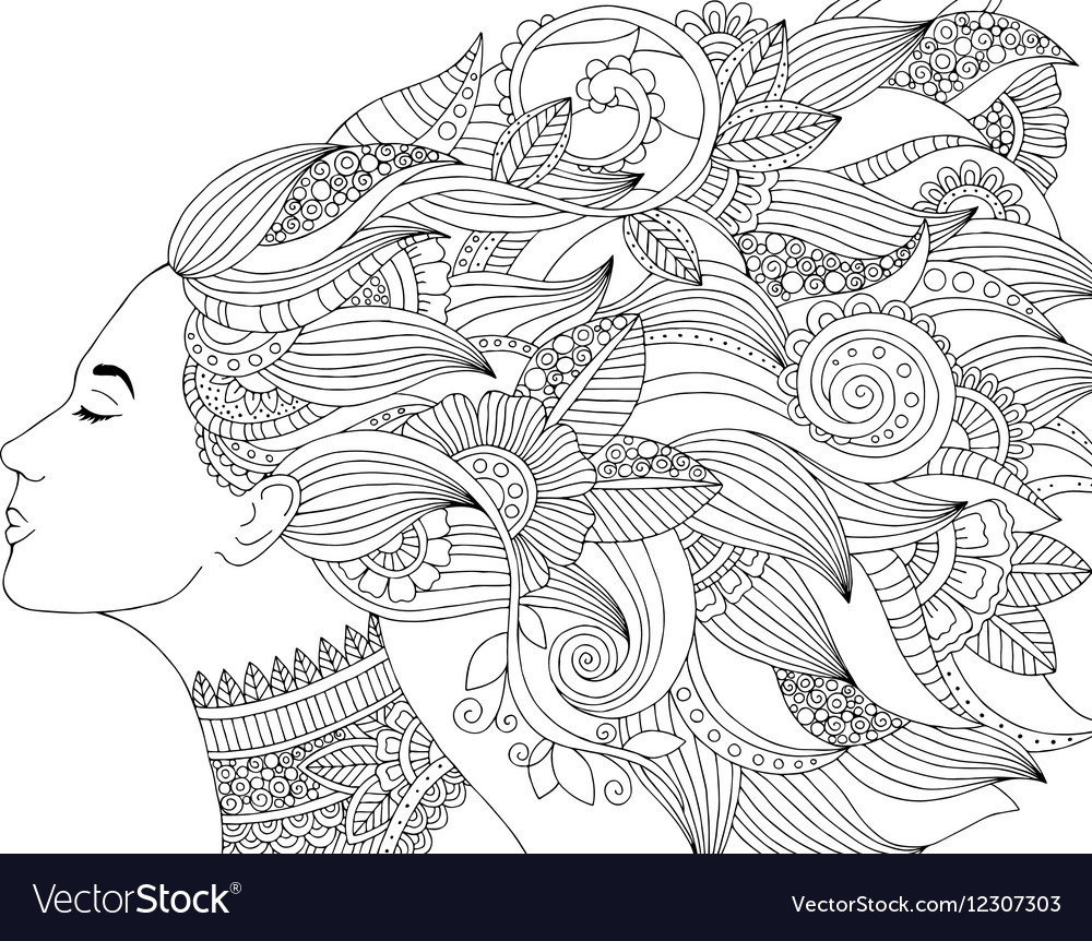 Hand drawn woman with floral