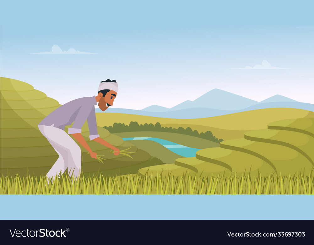 Indian Agriculture Landscape Farmer Working In Vector Image