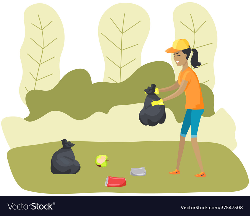 Female Character Cleans Up Garbage In Green Park Vector Image