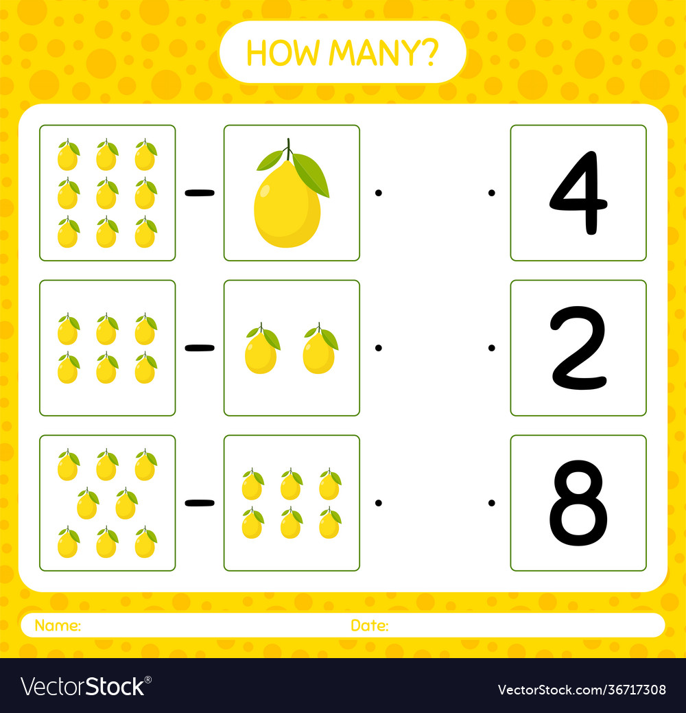 How many counting game with lemon worksheet vector image How many counting game with lemon worksheet