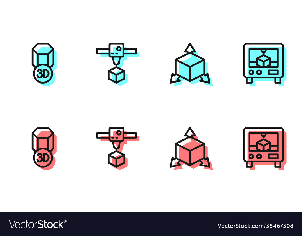 Set line isometric cube 3d printer and icon vector image Set line isometric cube 3d printer and icon