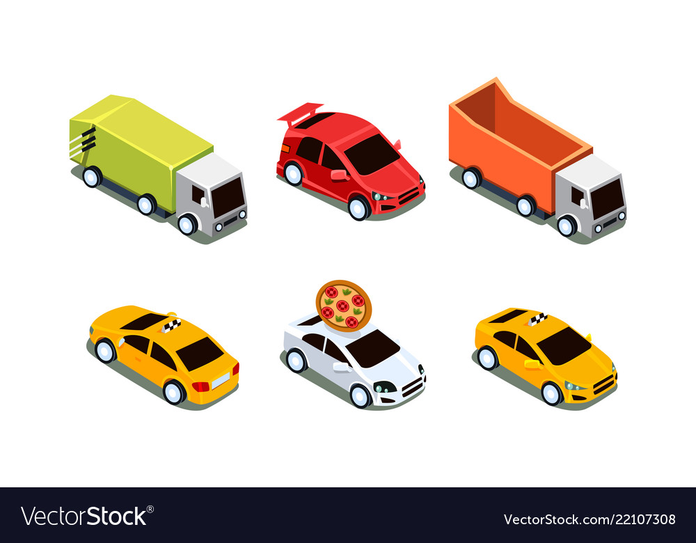 Set of different isometric vehicles pizza