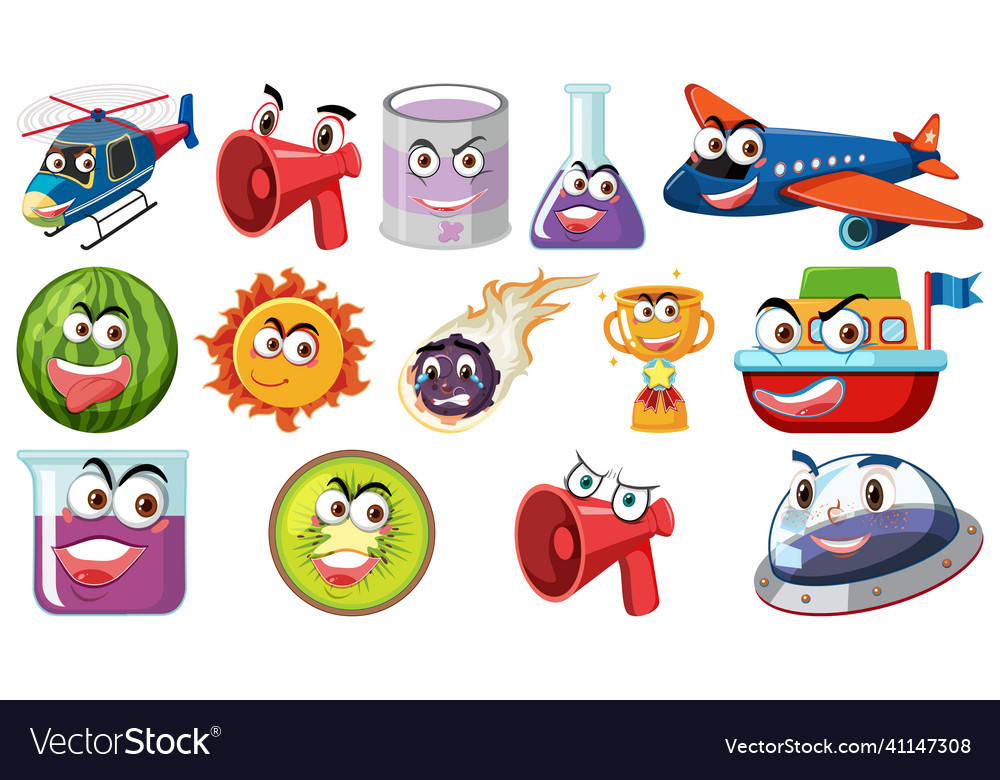 Set of different toy objects with smiley faces vector image Set of different toy objects with smiley faces