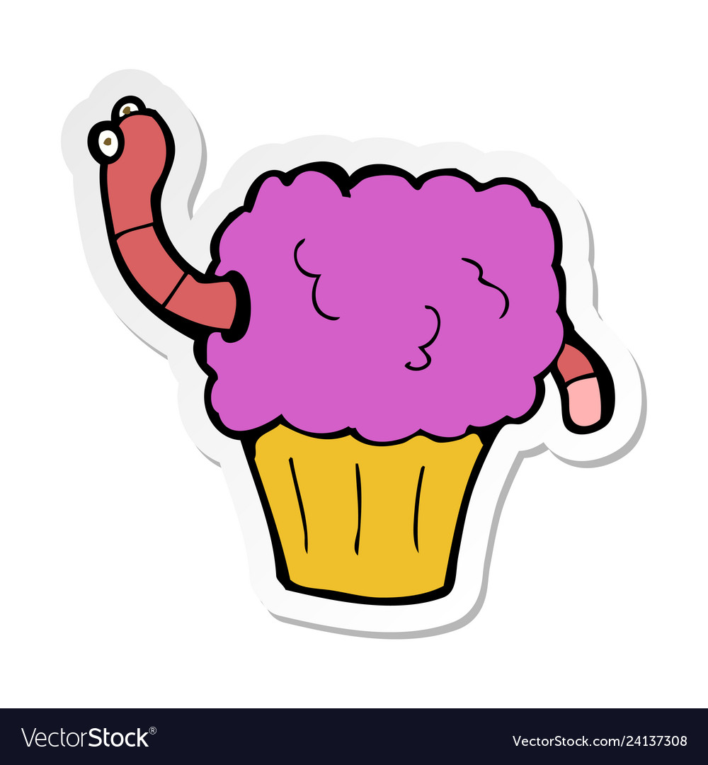 Sticker of a cartoon worm in cupcake