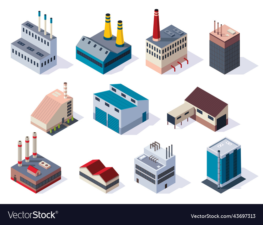 Collection of isometric factories concept Vector Image