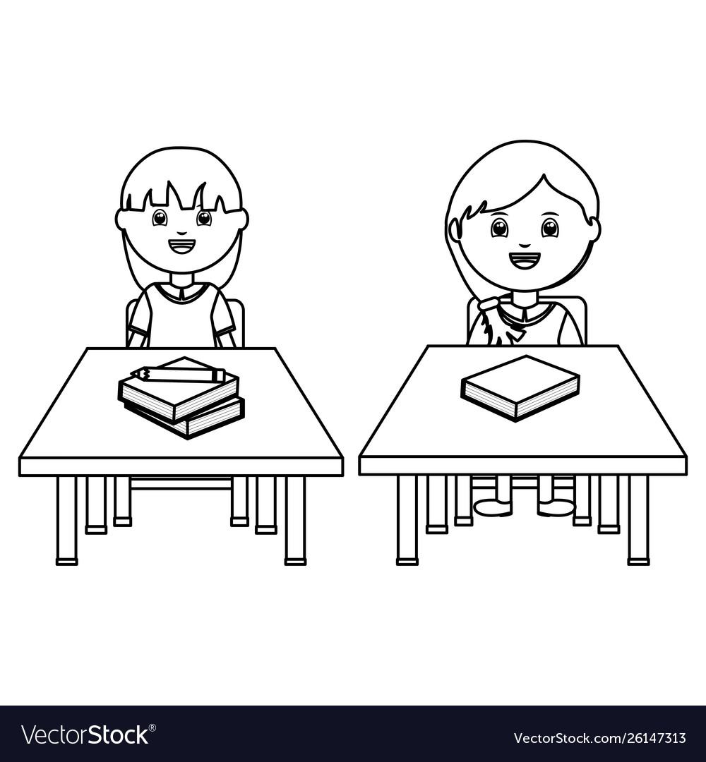 Cute little students girls seated in schooldesks