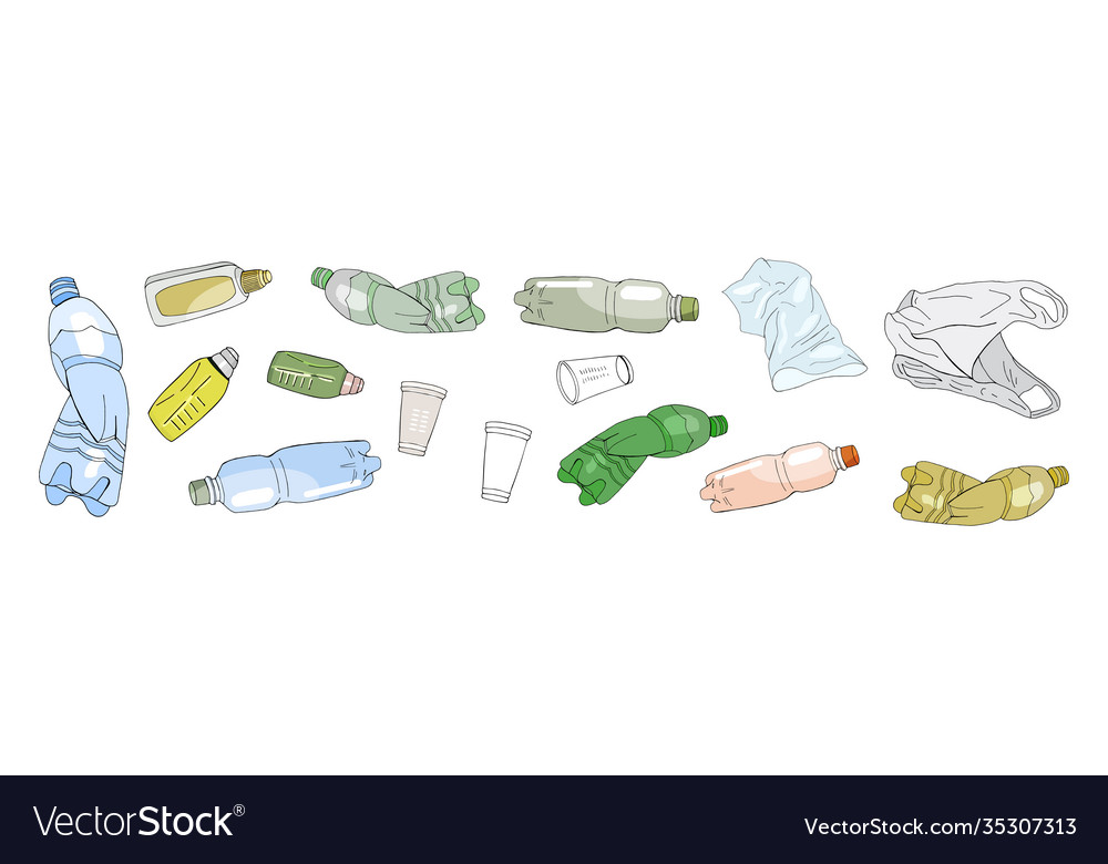 Set sorted plastic garbage isolated on white vector image Set sorted plastic garbage isolated on white