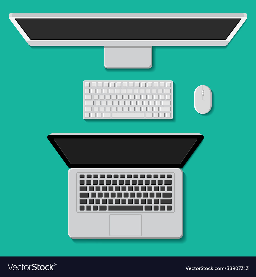 Top view desktop computer and laptop vector image Top view desktop computer and laptop