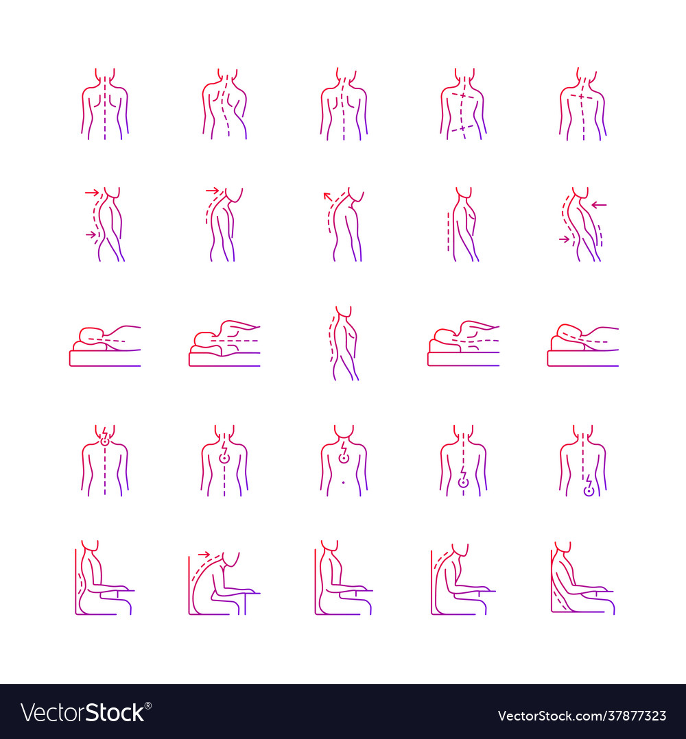 Back and posture problems gradient linear icons vector image Back and posture problems gradient linear icons