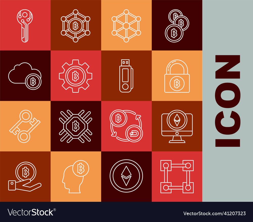 Set line blockchain technology monitor vector image Set line blockchain technology monitor