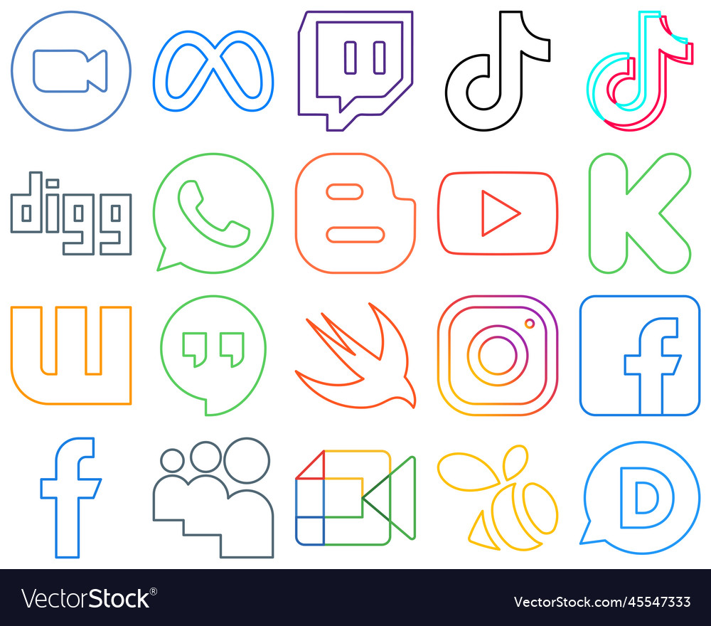 20 professional colourful outline social media Vector Image