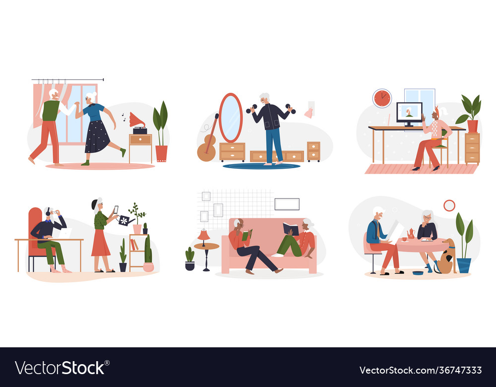 Elderly people lifestyle scene set man woman read Vector Image