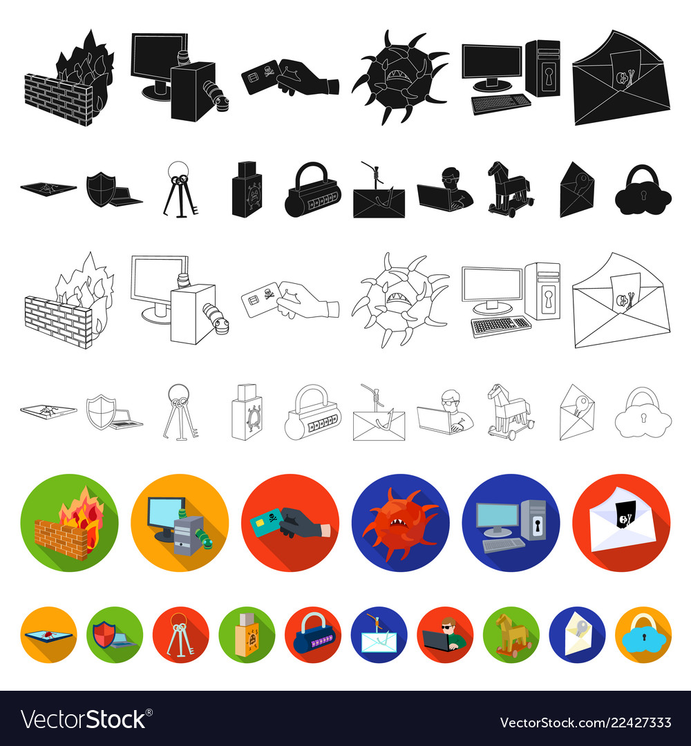 Hacker and hacking flat icons in set collection vector image Hacker and hacking flat icons in set collection