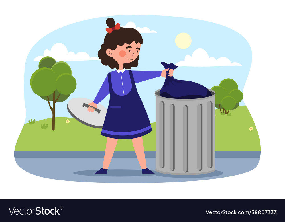 Little Smiling Girl Is Taking Out Trash Royalty Free Vector 1182