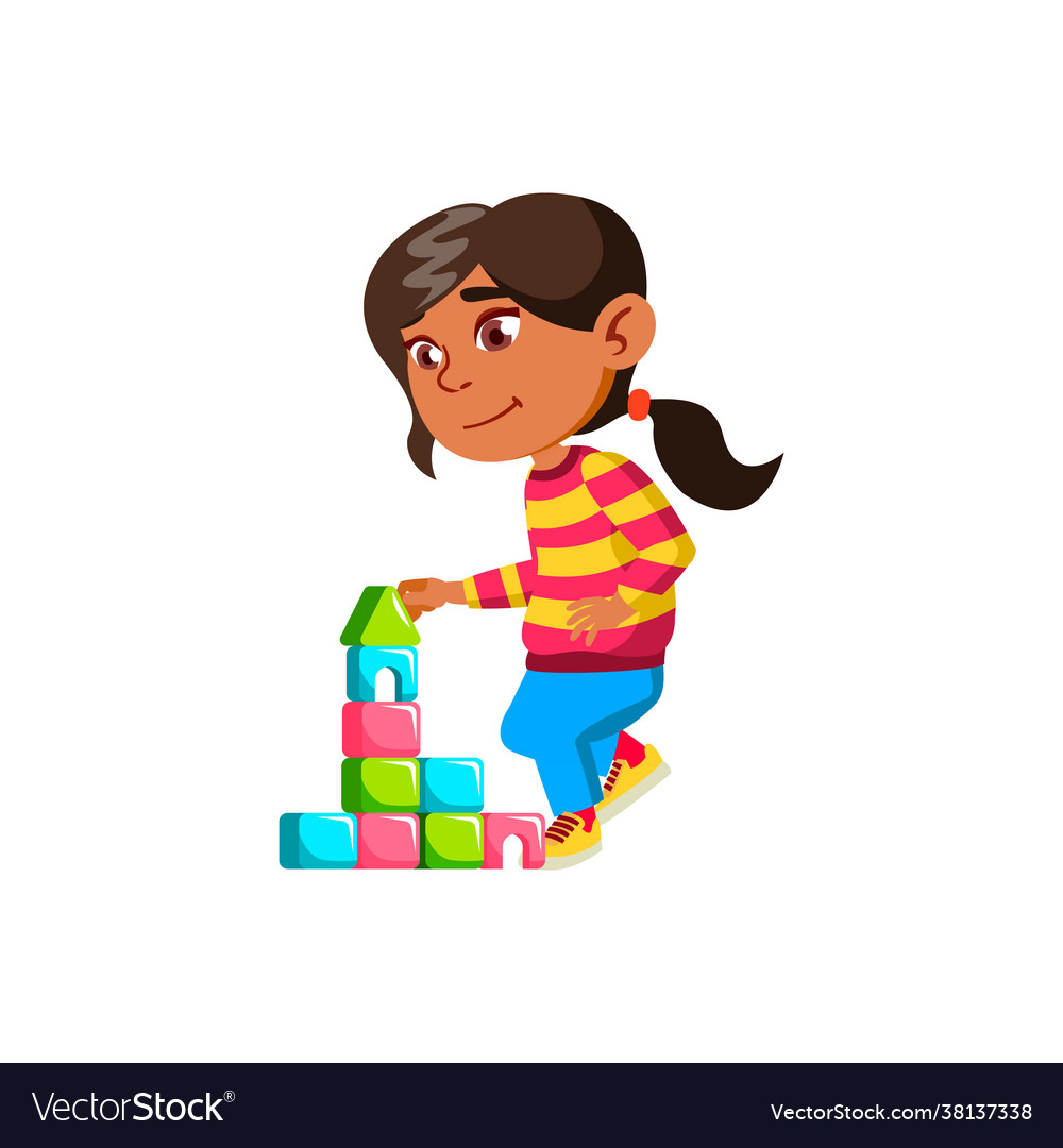 Asian girl child building castle with blocks Vector Image