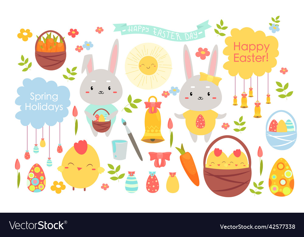 Happy easter day set cute chick and funny bunny Vector Image