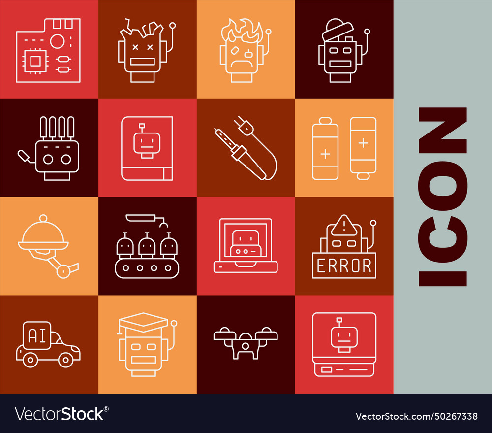 Set line robot error in battery burned out vector image Set line robot error in battery burned out