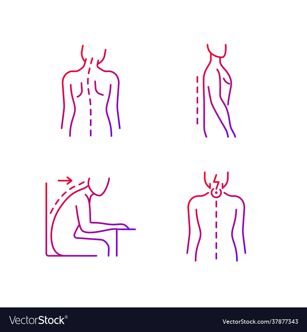 Bad posture problems gradient linear icons set vector image Bad posture problems gradient linear icons set