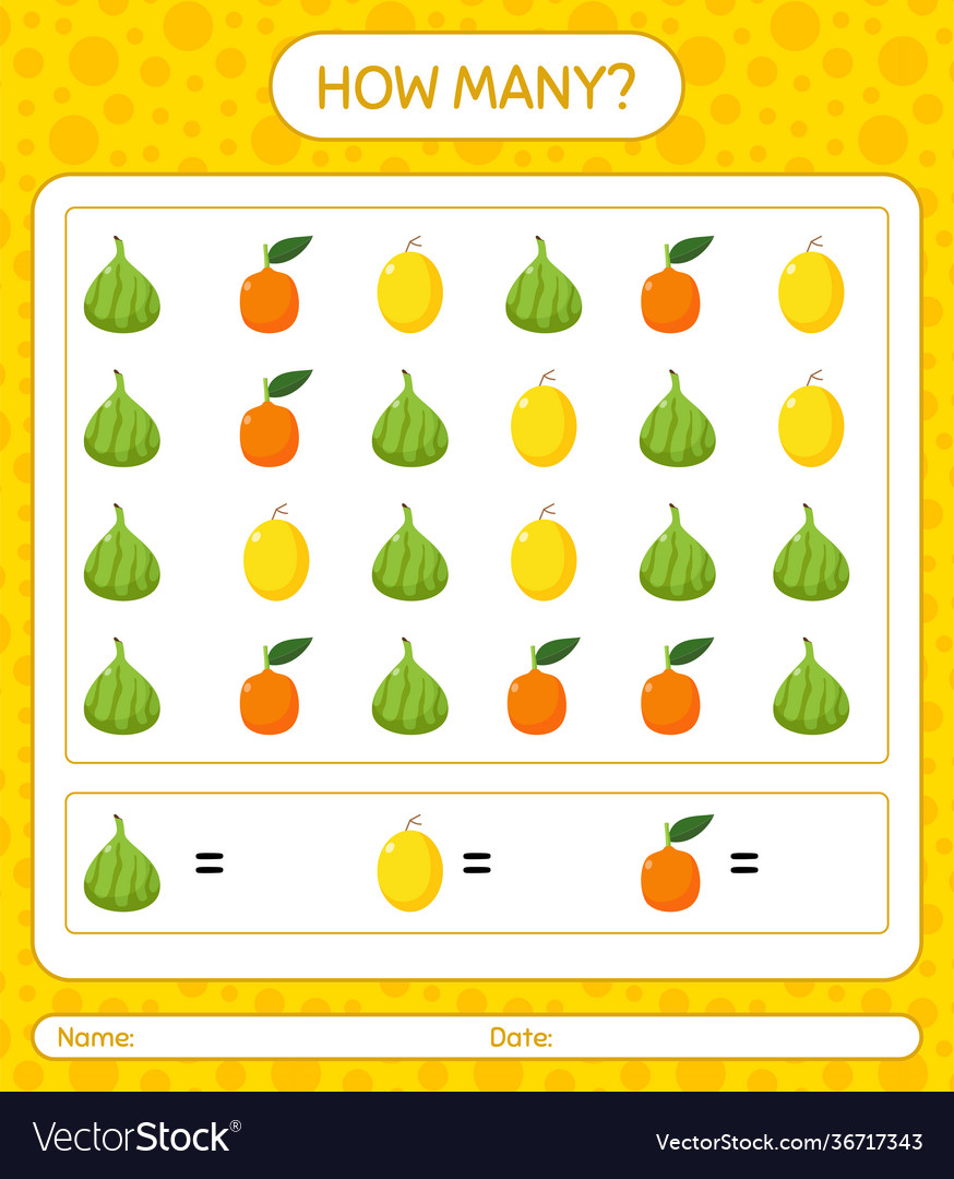 How many counting game with fruit worksheet vector image How many counting game with fruit worksheet