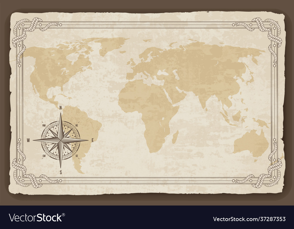 Old map frame with retro nautical compass on vector image Old map frame with retro nautical compass on