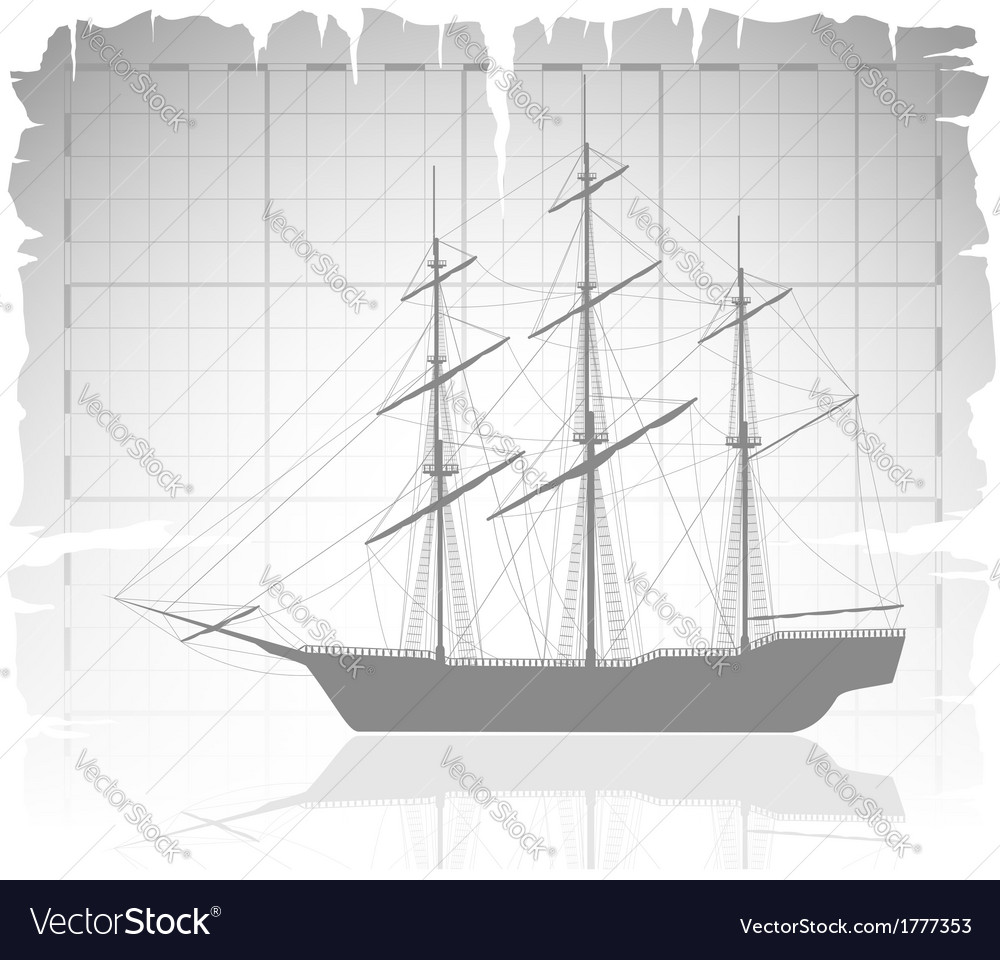 Old ship over ancient map with grid