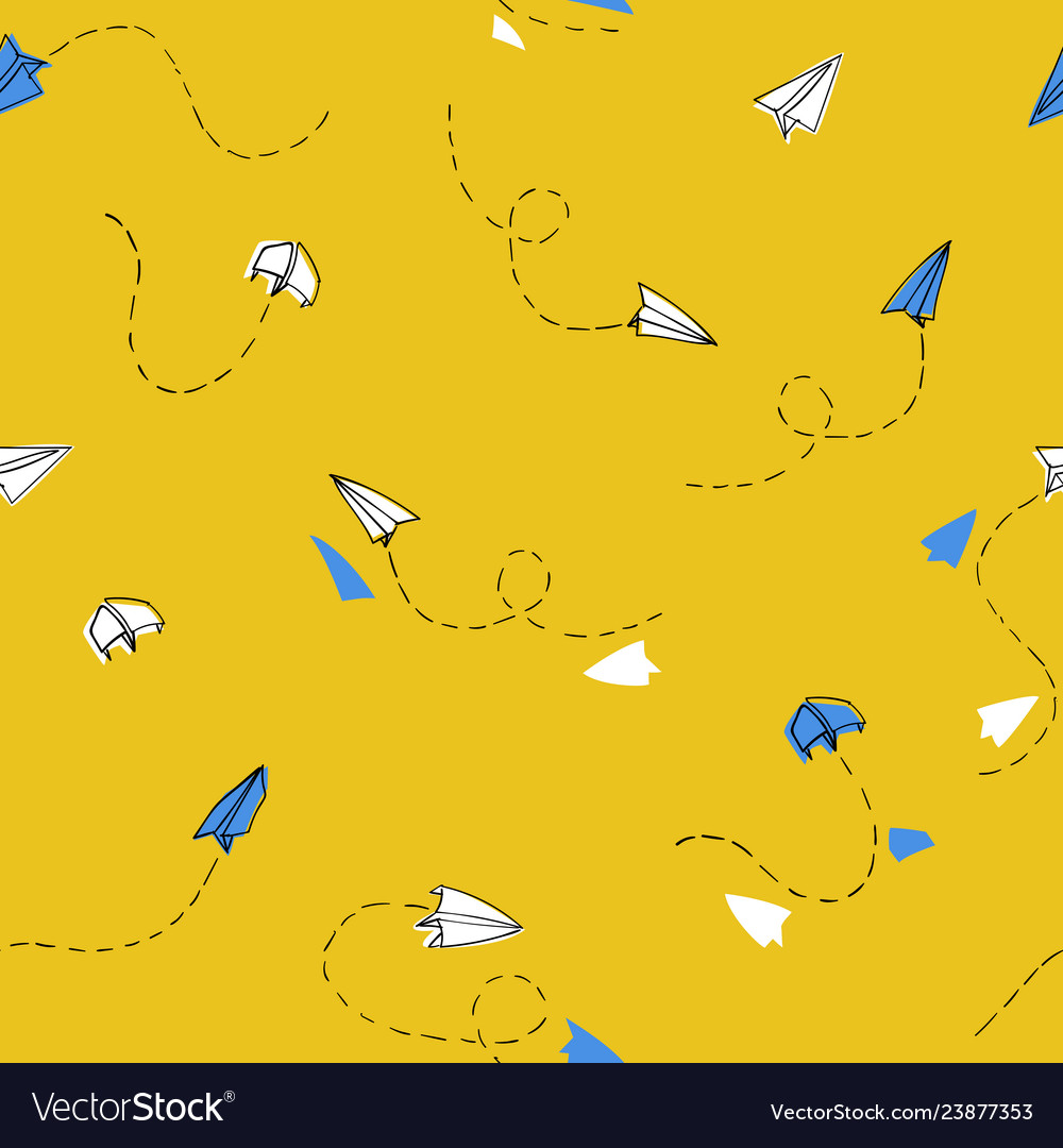 Seamless hand drawn paper planes pattern yellow vector image Seamless hand drawn paper planes pattern yellow