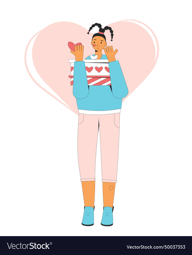 Woman with gift boxes and greeting card in heart