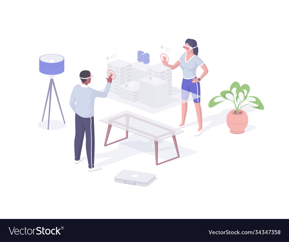Designers create project in vr mode isometric vector image Designers create project in vr mode isometric