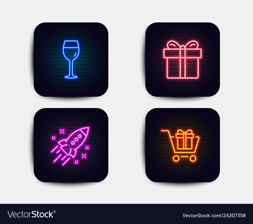 Neon glow lights set startup rocket gift box vector image Neon glow lights set startup rocket gift box