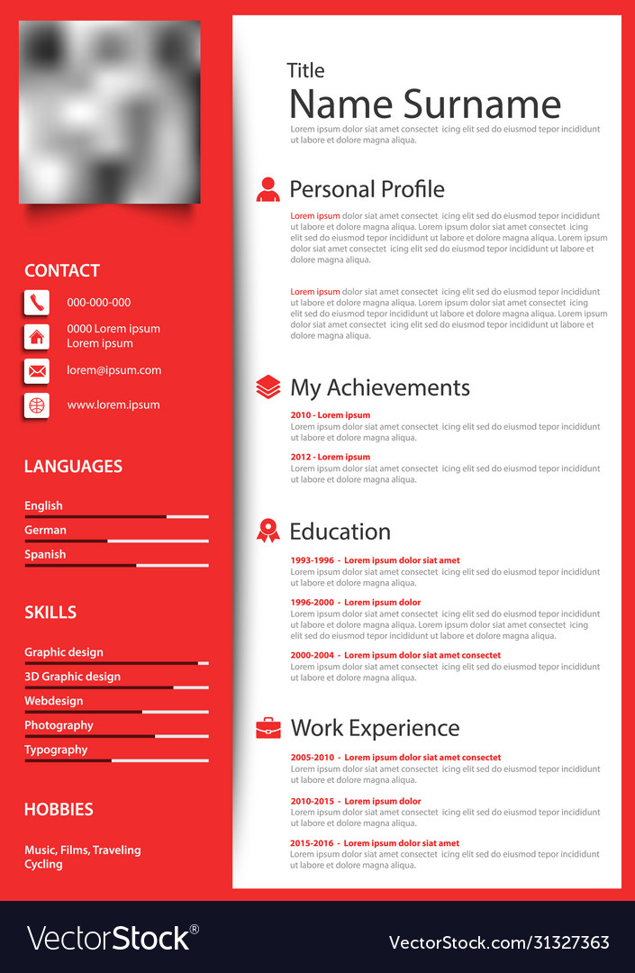 Professional personal resume cv in red white Vector Image