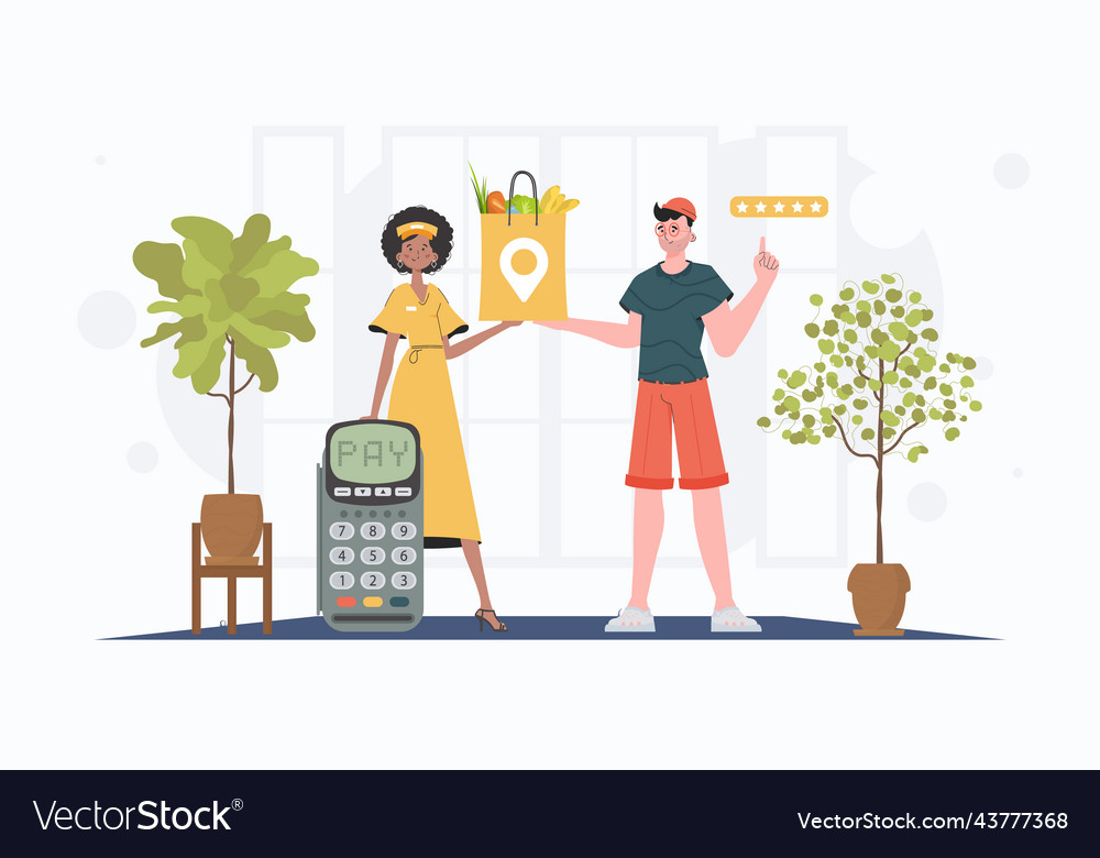 Delivery concept woman courier delivers a package vector image Delivery concept woman courier delivers a package