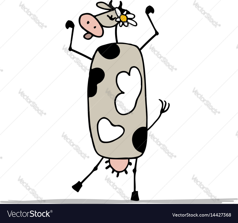 Funny purple cow dancing sketch for your design Vector Image