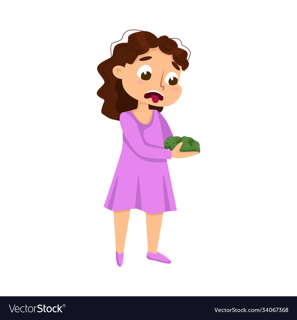 Girl refuse to eat broccoli child hate vegetables Vector Image