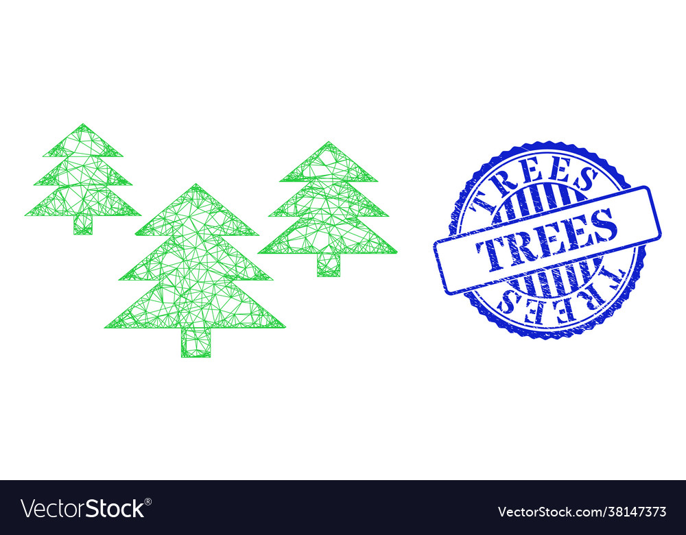 Distress trees seal and net fir tree forest mesh vector image Distress trees seal and net fir tree forest mesh