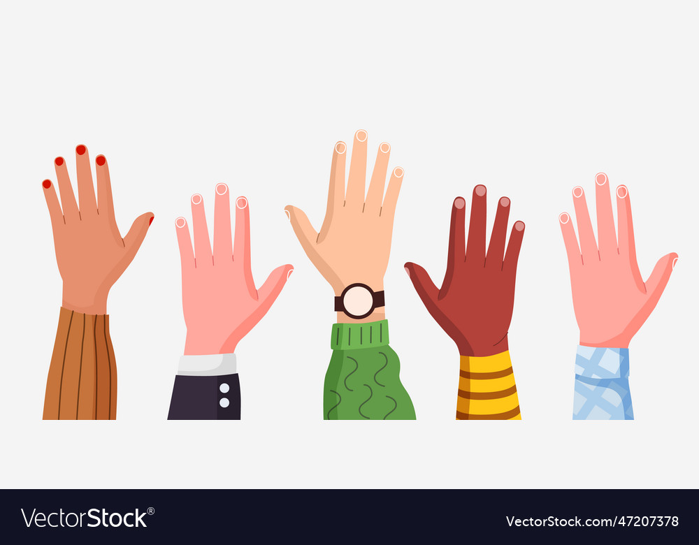 Multiethnic male and female hands raised up