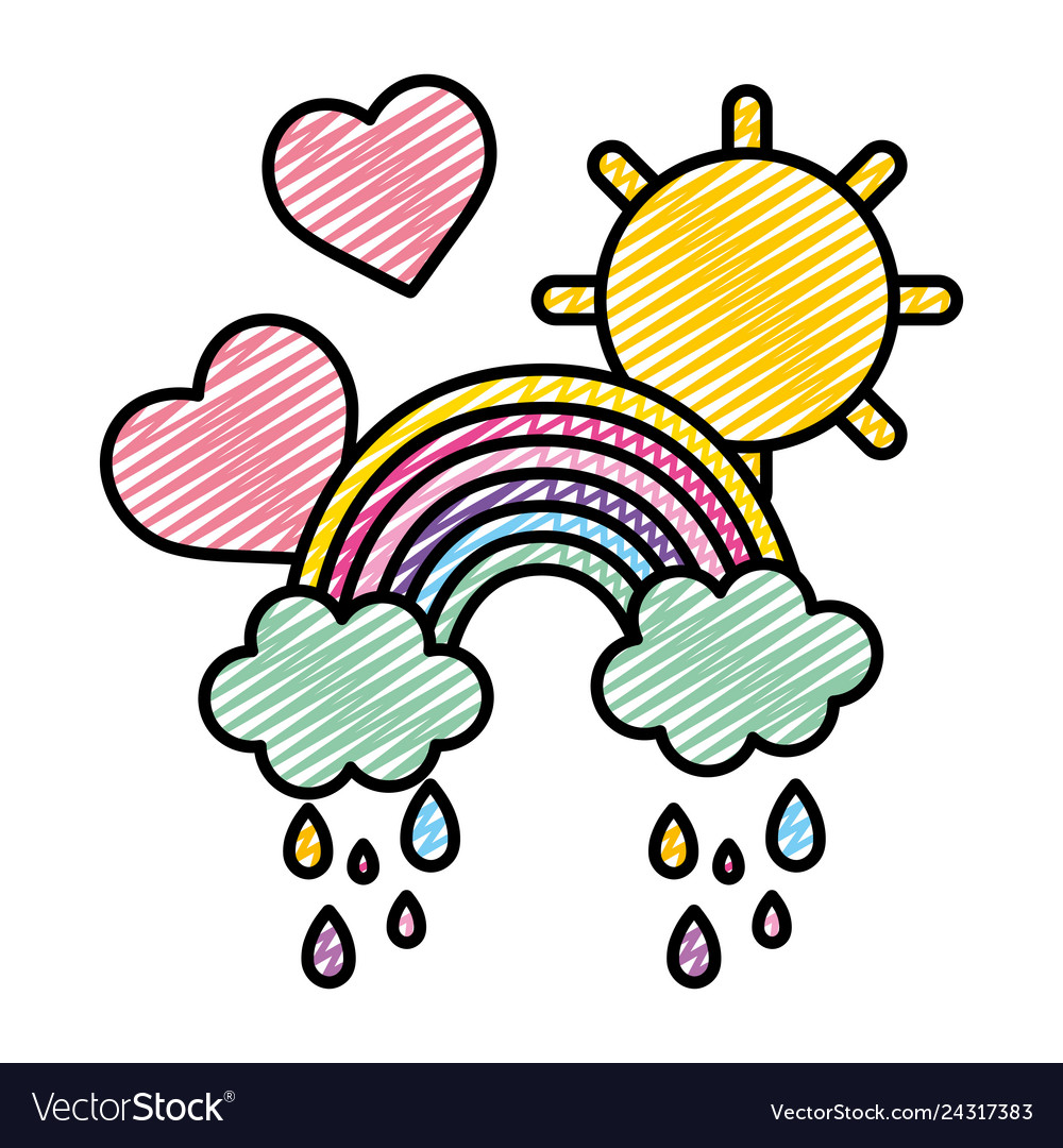 Doodle rainbow clouds raining with hearts and sun