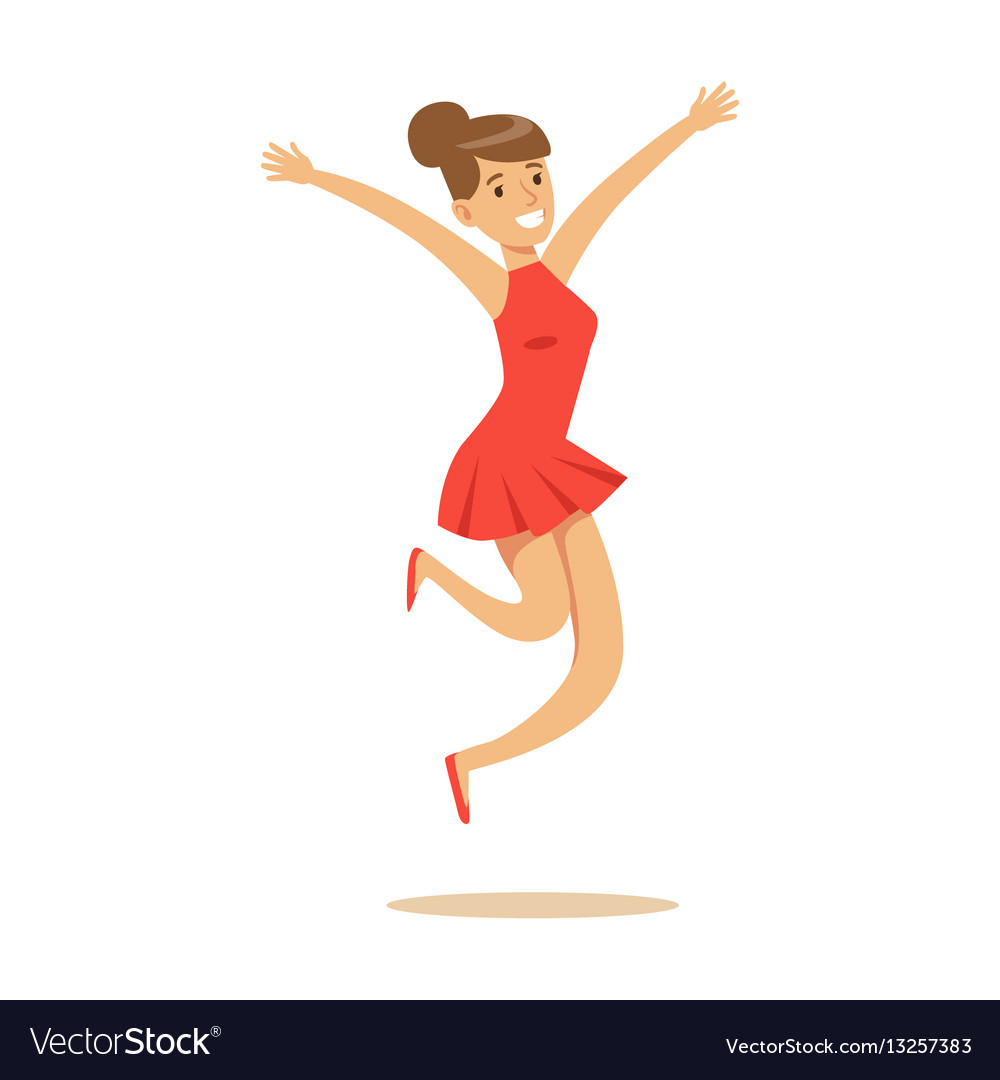 Girl in short red dress overwhelmed with happiness