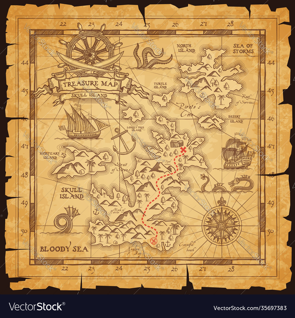 Old pirate map with treasure location Royalty Free Vector