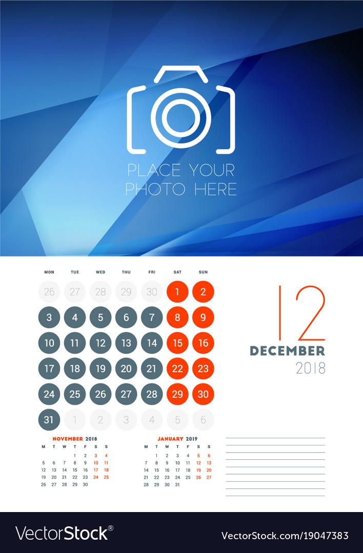 Wall calendar template for december 2018 design