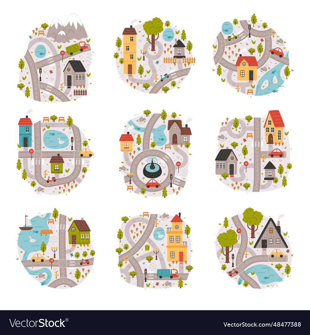 Cartoon city map with road car and house Vector Image