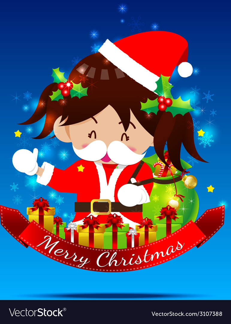 Christmas cartoon little girl with santa suit 002 Vector Image