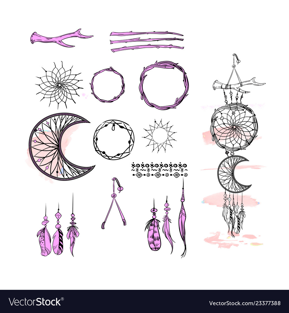 Set of dreamcatcher design elements in boho style vector image Set of dreamcatcher design elements in boho style