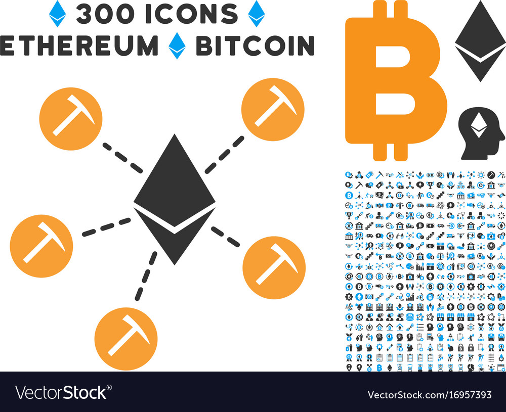 Ethereum mining pool flat icon with set