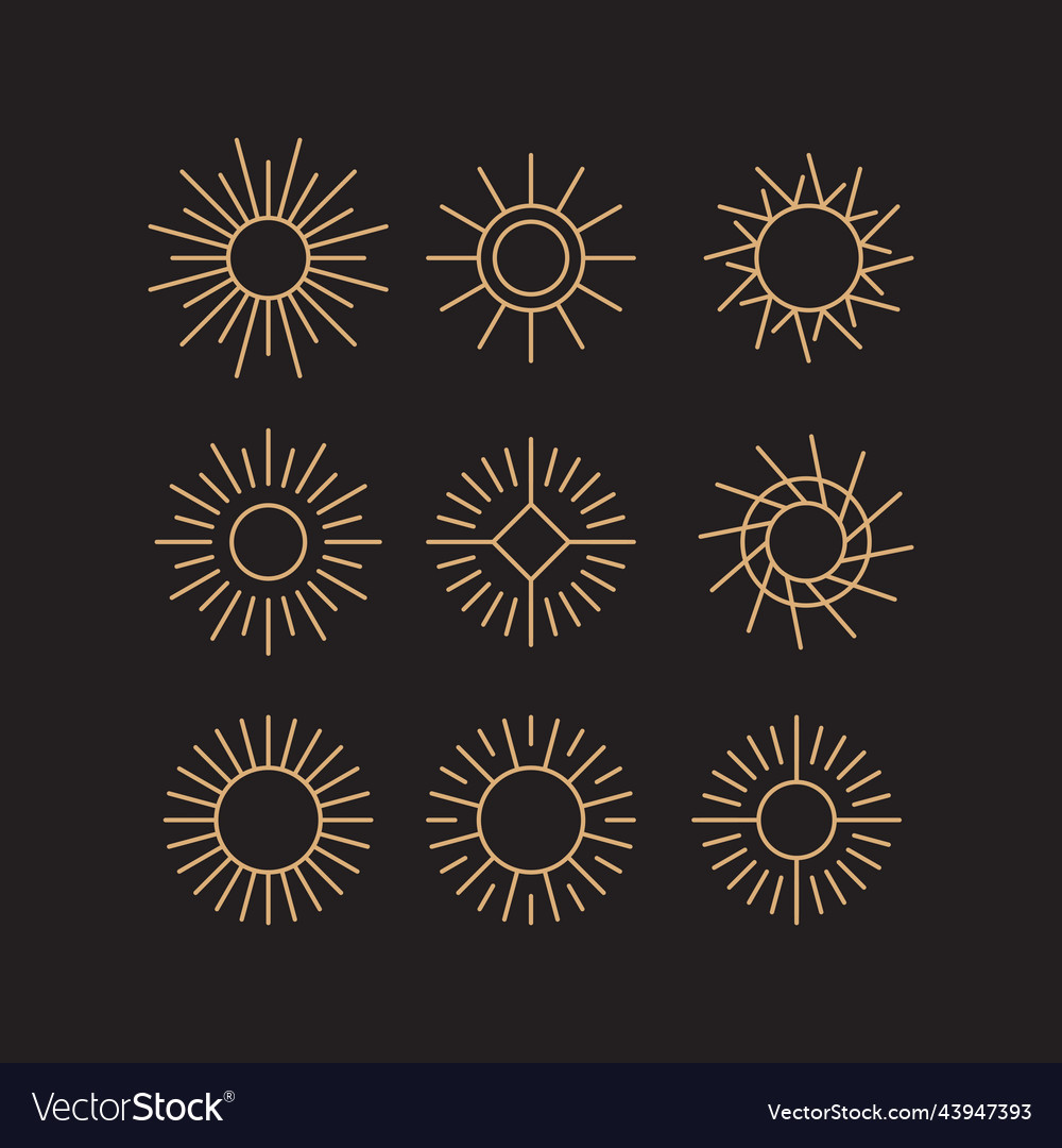 Set of bohemian golden sun logo elements vector image Set of bohemian golden sun logo elements