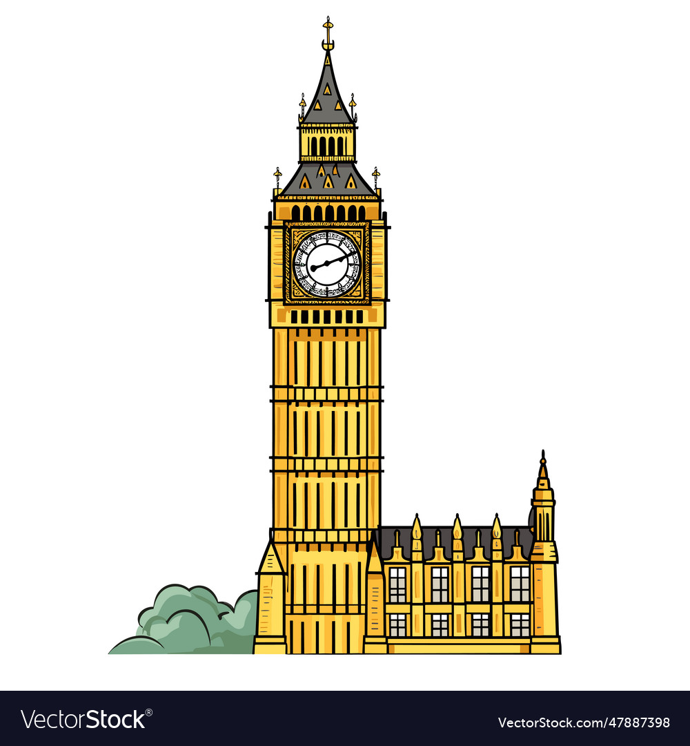 Big ben hand-drawn comic doodle style Royalty Free Vector