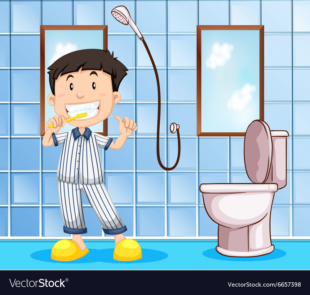 Boy brushing teeth in bathroom Royalty Free Vector Image