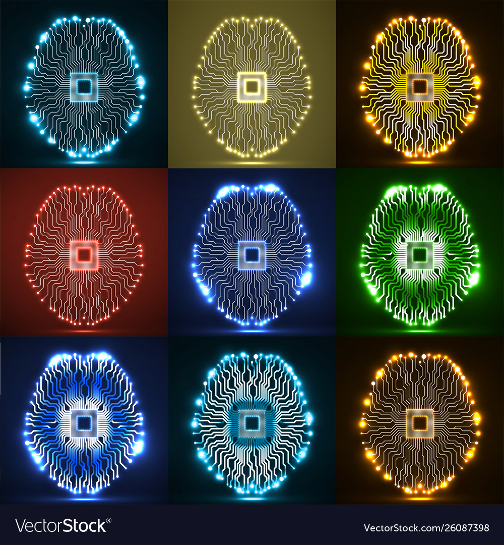 Set neon brain cpu circuit board abstract